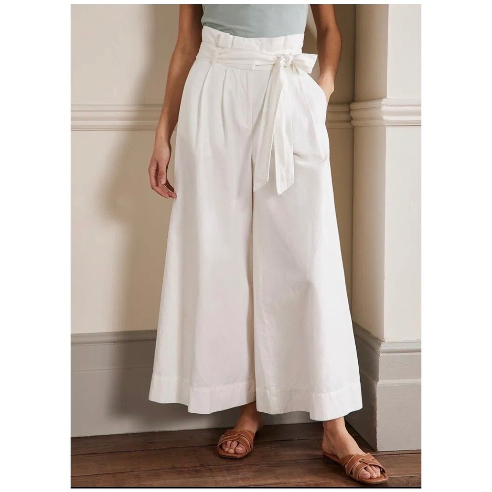 NWT Boden Paperbag Linen Blend‎ Culottes Women 2 White Wide Leg Cropped Belted